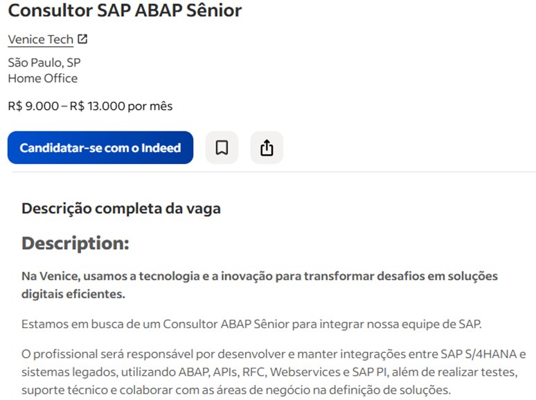 Consultor SAP ABAP Sênior — R$ 9.000 a 13.000